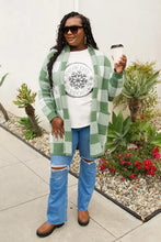 Simply Love green and white plaid long cardigan with ripped jeans and brown mules