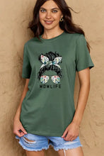 Simply Love mom life graphic olive green tee with messy bun and skull accents