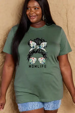 Olive green plus size Simply Love mom life graphic short sleeve length cotton t-shirt with messy bun design