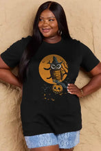 Simply Love plus size short sleeve Halloween owl t-shirt with witch hat and pumpkin design