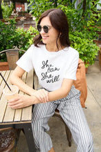 Simply Love short sleeve white t-shirt with black slogan and striped pants