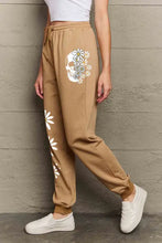 Simply Love tan jogger sweatpants with white floral daisy skull design and size drawstring elastic waistband