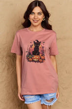 Simply Love rose oversized Halloween theme graphic short sleeve t-shirt with black cat and pumpkin on distressed denim shorts