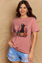 Simply Love rose pink Halloween theme graphic short sleeve t-shirt with black cat and pumpkin on distressed denim shorts