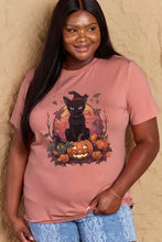 Plus size rose pink Simply Love Halloween theme graphic short sleeve T-shirt with black cat and jack-o-lantern design