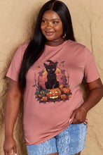 Simply Love rose pink plus size Halloween theme graphic short sleeve t-shirt with black cat and pumpkin design, paired with lace shorts