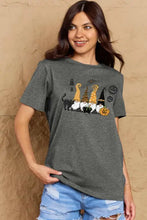 Simply Love womens Halloween theme short sleeve charcoal gray t-shirt with cats and pumpkins on soft cotton blend