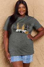 Simply Love womens Halloween theme short sleeve t-shirt in dusty rose with charcoal gray oversized design featuring witch hats, pumpkins, and lace shorts