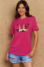 Simply Love womens Halloween theme short sleeve dusty rose T-shirt with gnomes and pumpkins