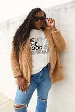 Simply Love beige teddy bear coat with world short sleeve graphic tee
