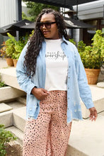 Light blue distressed denim jacket in Simply Love worship short sleeve set