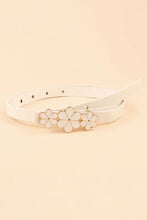 White skinny PU belt with flower decor and silver buckle