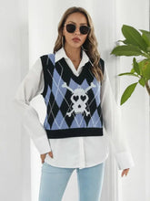 Black and Blue Argyle Sweater Vest with Skull and Crossbones Design Woman Outerwear