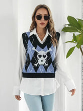 Black and Blue Argyle Sweater Vest with Skull and Crossbones Design Woman Outerwear
