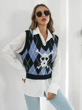 Black and Blue Argyle Sweater Vest with Skull and Crossbones Design Woman Outerwear