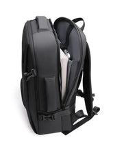 Sleek black adjustable straps backpack bag with USB port, revealing laptop and books