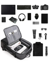 Sleek black adjustable straps backpack bag with USB port, packed with electronics, care items, and clothing