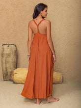 Sleeveless Backless Orange Maxi Dress in Linen Viscose Blend