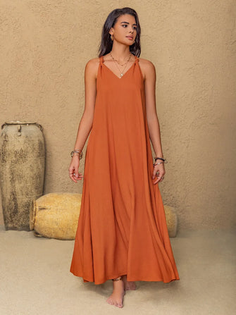 Sleeveless Backless Orange Maxi Dress in Linen Viscose Blend Pumpkin