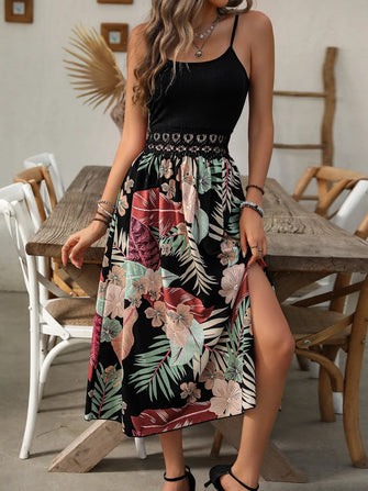 Sleeveless Black and Floral Print Midi Dress Floral