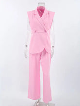 Pink sleeveless double-breasted blazer and wide-leg pants set