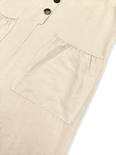 Sleeveless button front wide leg jumpsuit in beige linen with elastic-waist pockets