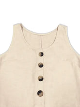 Beige sleeveless button front wide leg jumpsuit with rounded neckline