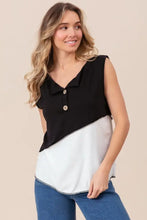 Sleeveless Color Block Buttoned Henley Top with Contrast Stitching Woman T Shirts