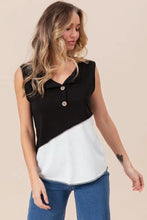 Sleeveless Color Block Buttoned Henley Top with Contrast Stitching Woman T Shirts