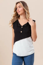 Sleeveless Color Block Buttoned Henley Top with Contrast Stitching Woman T Shirts