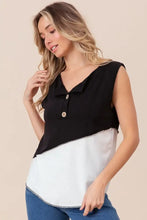Sleeveless Color Block Buttoned Henley Top with Contrast Stitching Woman T Shirts