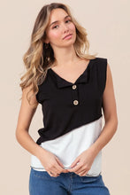 Sleeveless Color Block Buttoned Henley Top with Contrast Stitching BLACK OFF WHITE