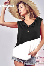 Sleeveless Color Block Buttoned Henley Top with Contrast Stitching Woman T Shirts