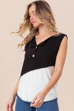 Sleeveless Color Block Buttoned Henley Top with Contrast Stitching