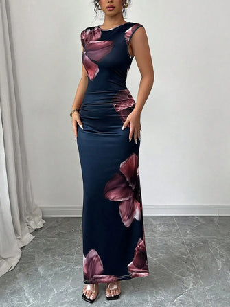 Sleeveless Floral Print Maxi Dress for Women Black