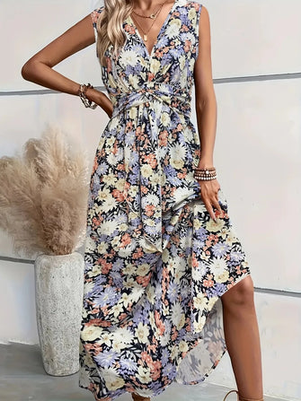 Sleeveless Floral Print V-Neck Maxi Dress Floral