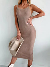 Taupe sleeveless knit bodycon sweater dress with ribbed texture and thin straps