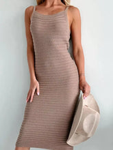 Taupe sleeveless knit bodycon sweater dress with ribbed texture and thin straps