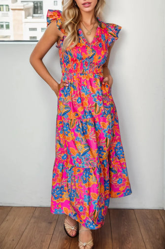 Sleeveless Pink Floral Maxi Dress with Pockets Floral