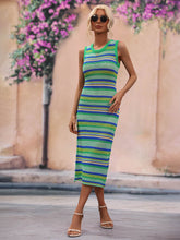 Sleeveless Striped Knit Midi Dress with Round Neck Green