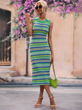 Sleeveless Striped Knit Midi Dress with Round Neck