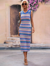 Sleeveless Striped Knit Midi Dress with Round Neck