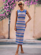 Sleeveless Striped Knit Midi Dress with Round Neck
