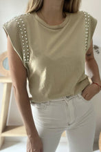 Sleeveless Tan Top with Pearl Studded Shoulder Detail Khaki