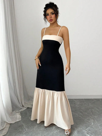 Black and Cream Sleeveless Tiered Maxi Dress Black