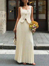 Cream-colored pleated maxi skirt with fitted button-front sleeveless vest set