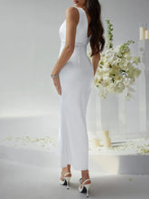 Sleeveless White Satin Evening Dress
