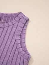A soft lavender slim ribbed mineral wash tank top with a textured vertical striped pattern in knit fabric