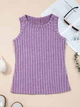 A slim ribbed mineral wash tank top in soft lavender with ribbed knit fabric and a gently flared hem