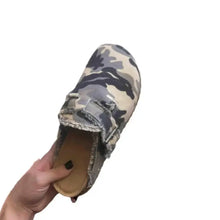 Gray green brown black white camo print slip-on shoe with velcro strap, rubber sole, all sizes